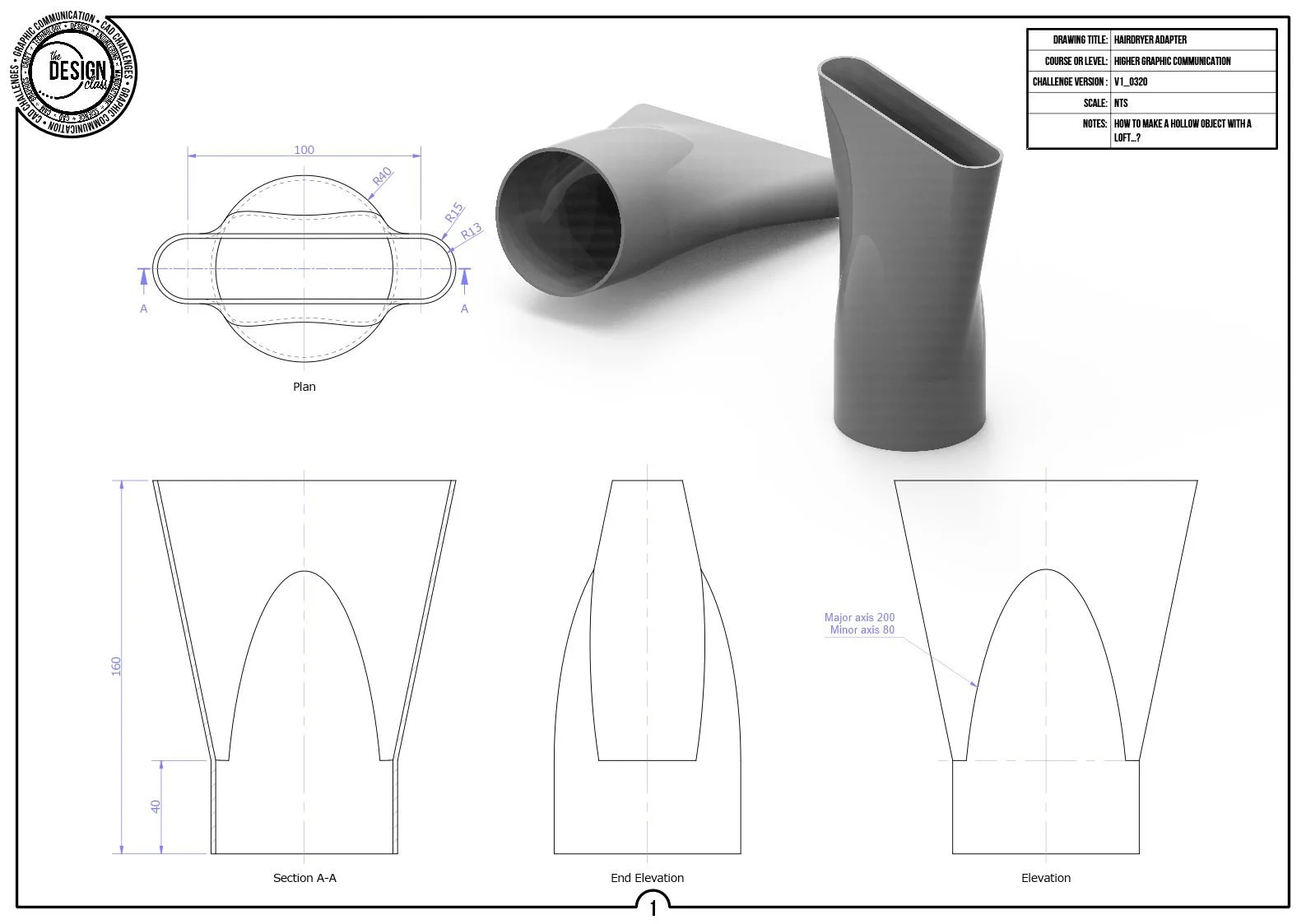 Technical drawing and 3D rendering of a hollow plastic hairdryer adapter with detailed dimensions and design specifications.