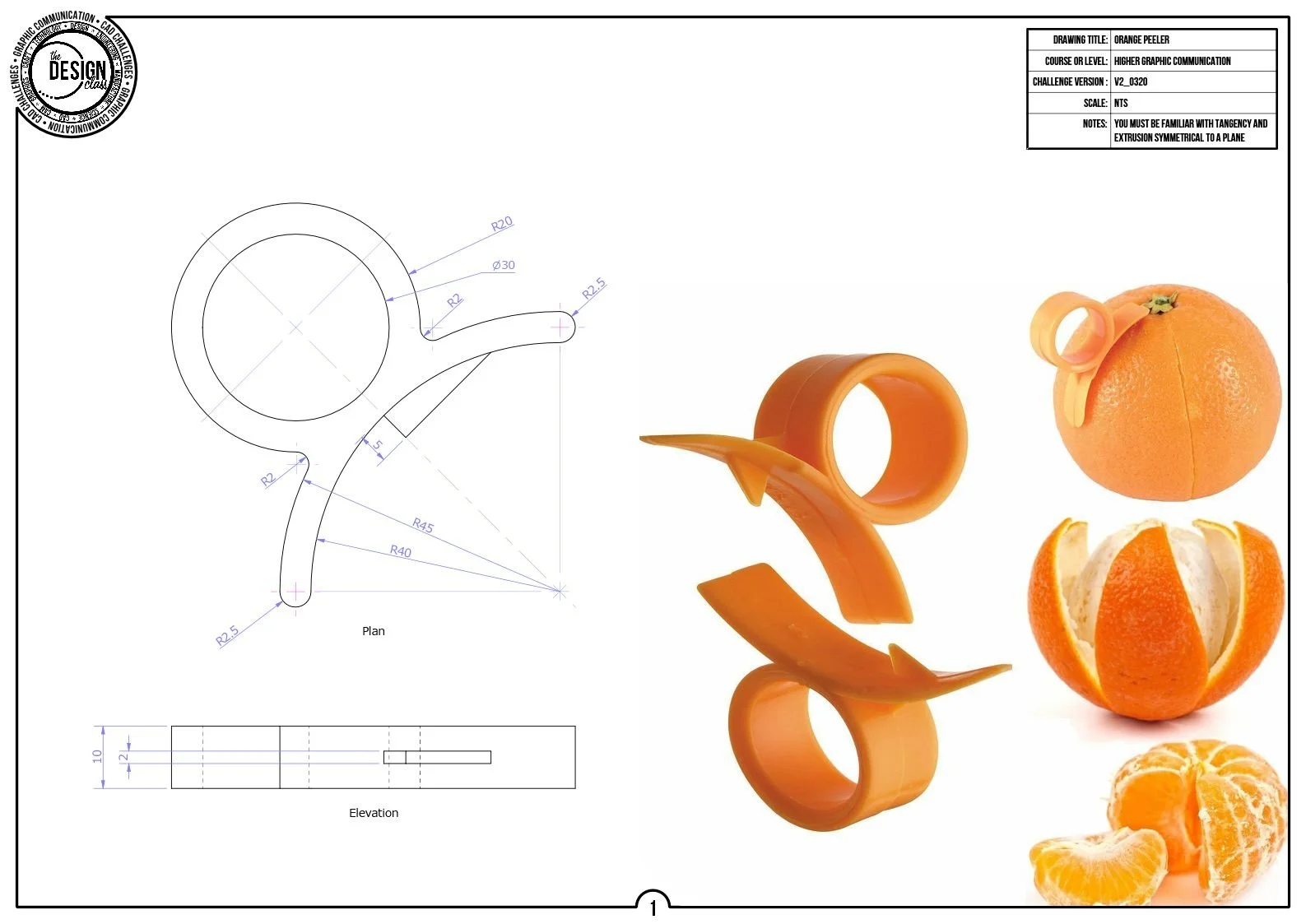 Design drawing of an orange peeler on the left and images of an entire orange, peeled orange, peeled orange segments, and orange peel on the right.