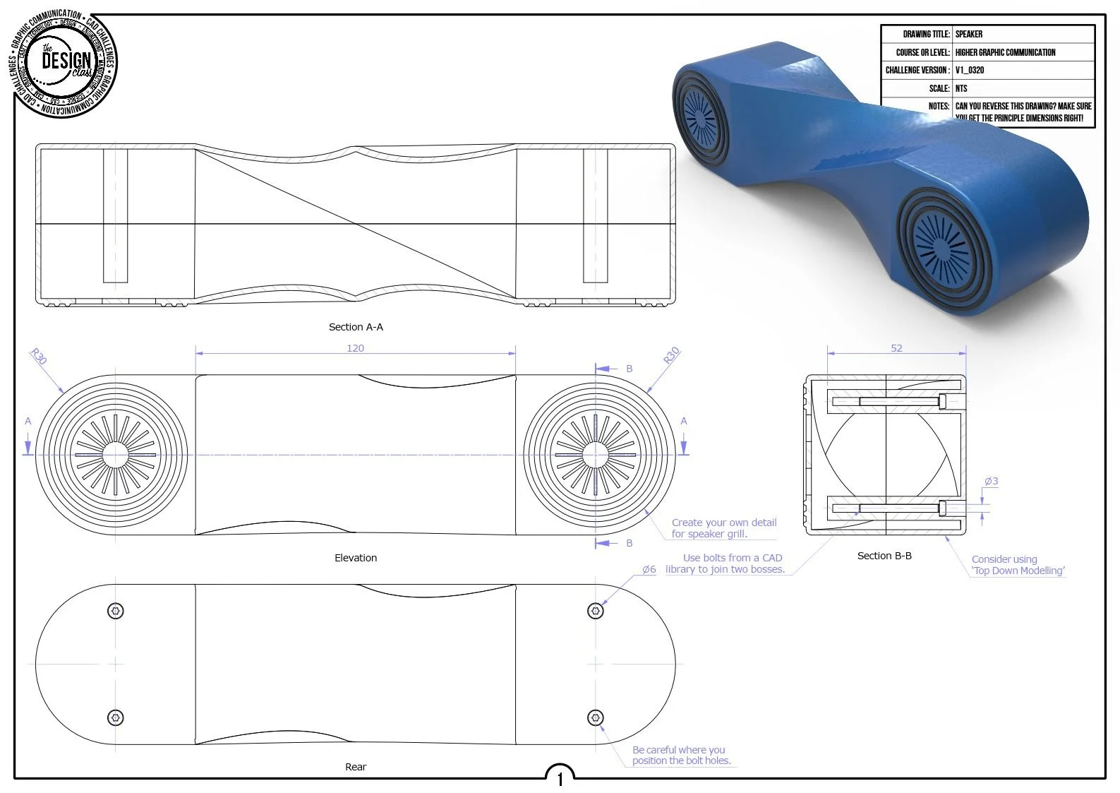 Technical drawing of a speaker with detailed dimensions and views, including top, side, and section views, alongside a 3D rendering of the blue speaker. The drawing includes annotations and labels for construction and assembly.