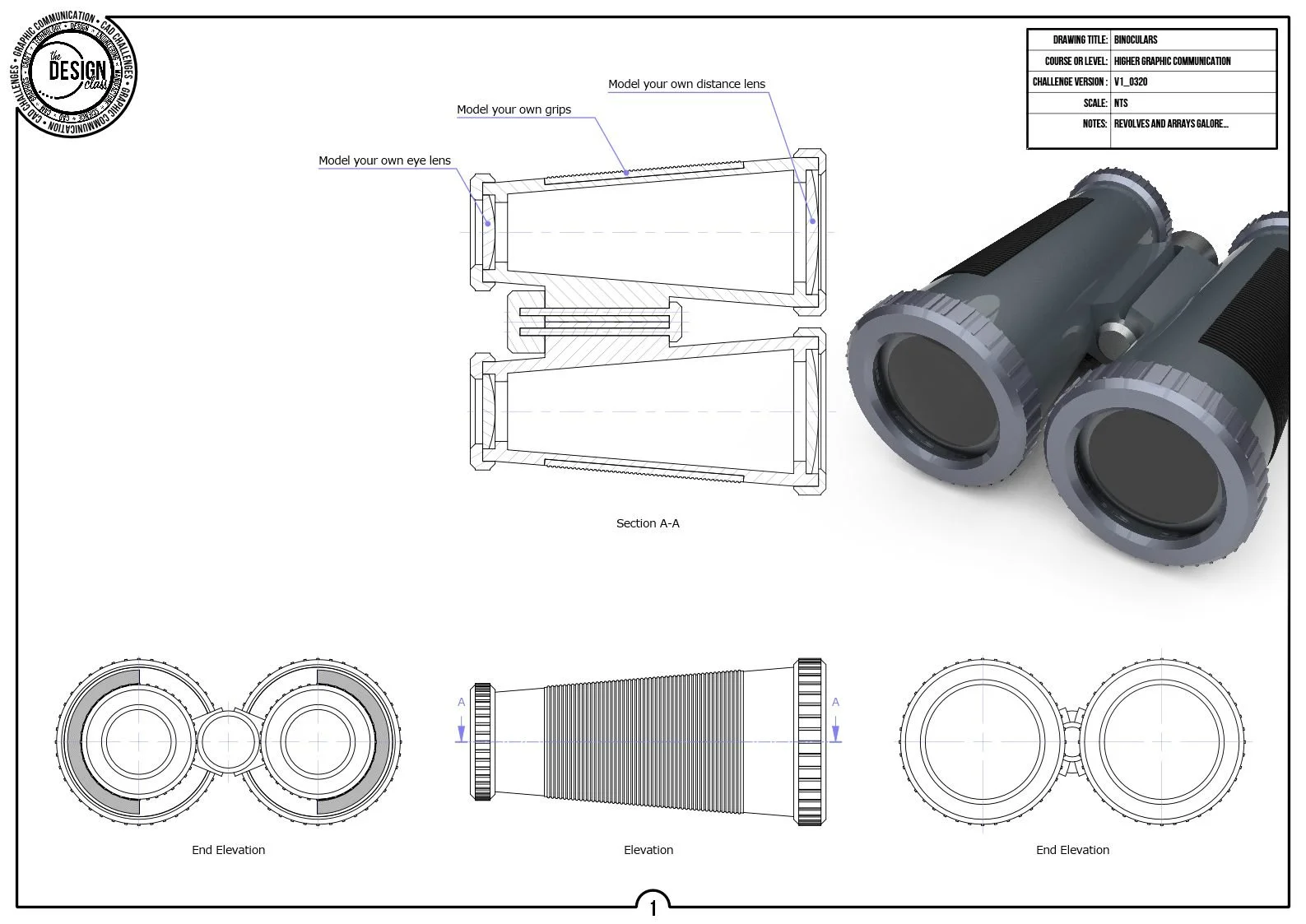 Technical drawing and 3D rendering of binoculars with labeled sections, top view, elevation, and end elevation views.