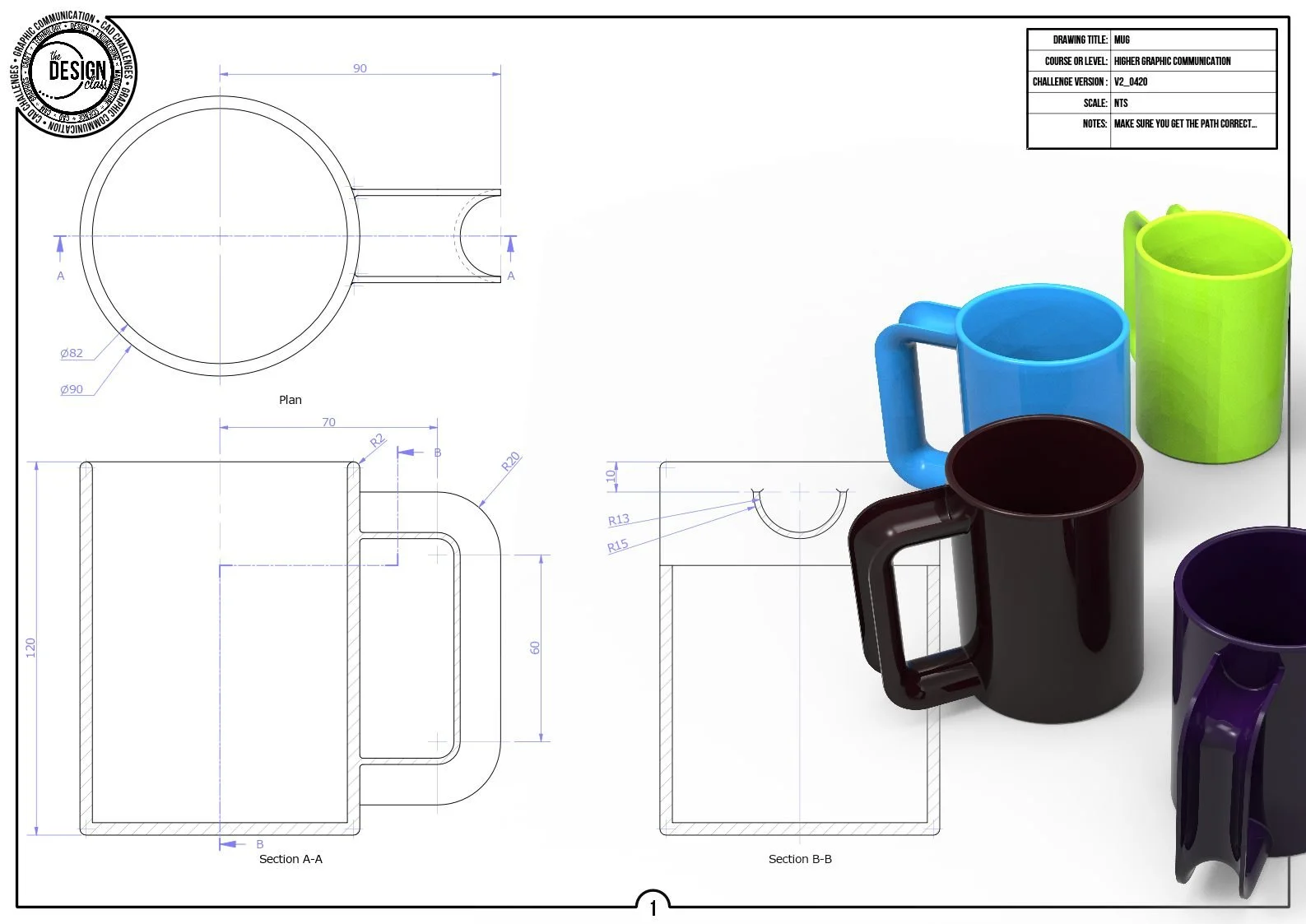 Technical drawing of a mug, showing top, front, and section views with dimensions, alongside a 3D rendering of four colored mugs in green, blue, black, and purple.