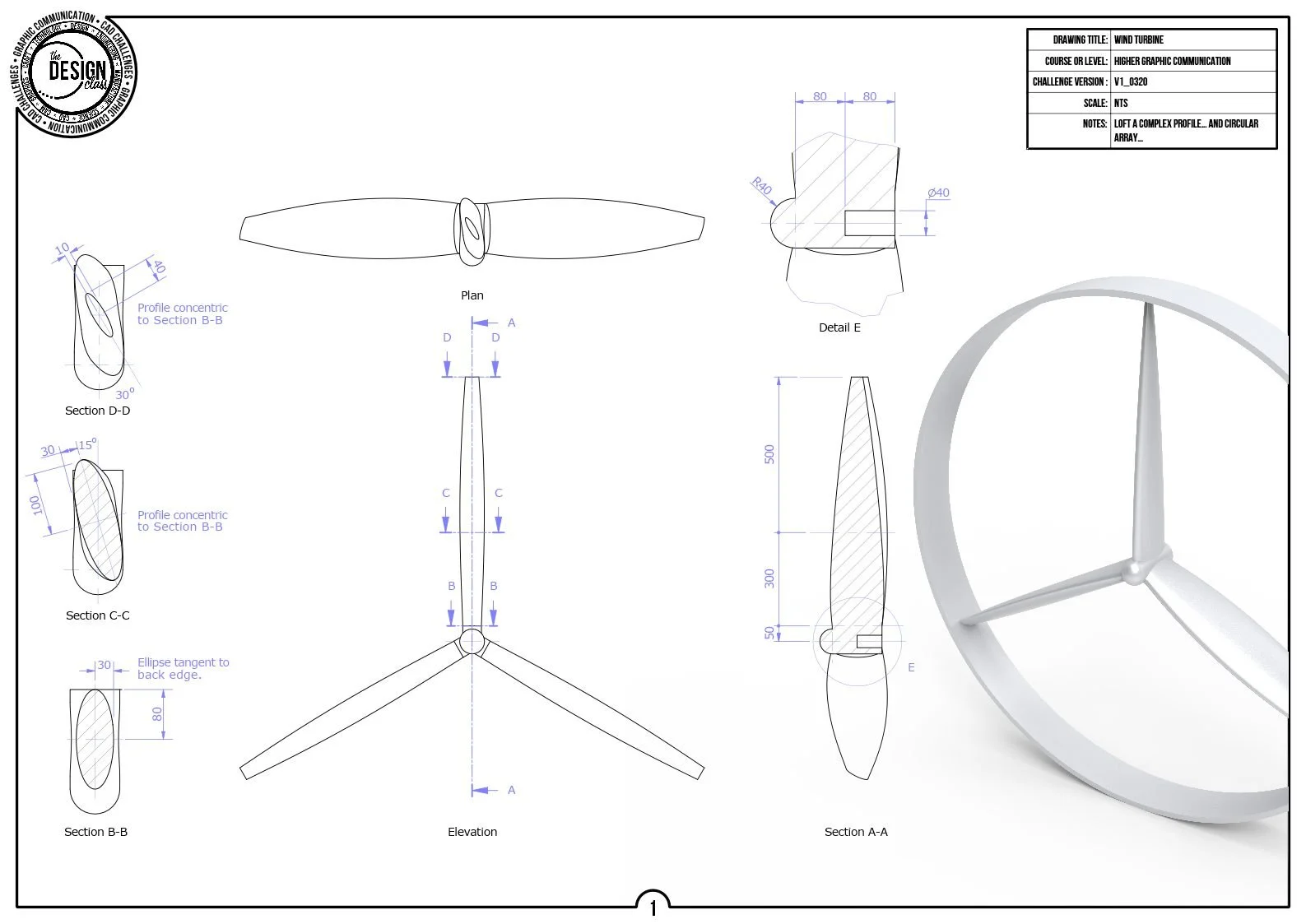 Technical drawing of a wind turbine propeller with multiple views: plan, elevation, sections, detail, and 3D perspective, including various measurements and annotations.