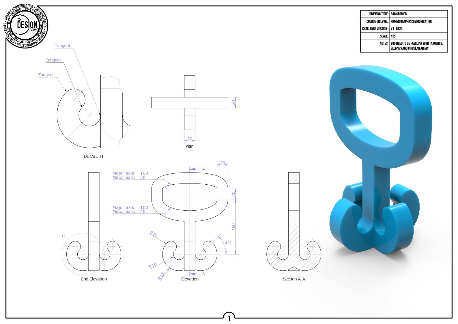 Technical drawing of a blue bag carrier with orthographic views, section, elevation, and detailed dimensions on a blueprint, alongside a 3D rendered model of the bag carrier.