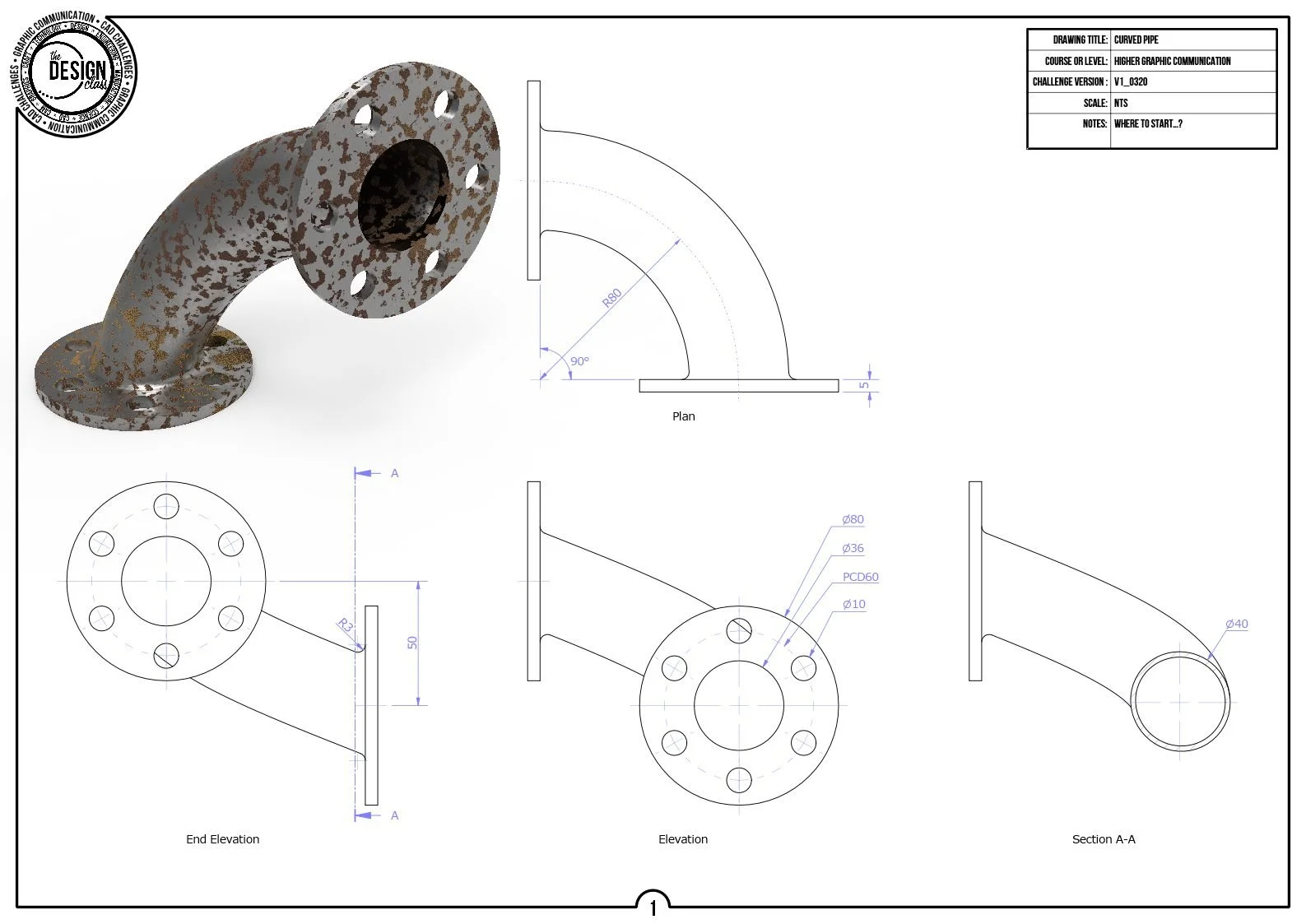 Technical drawing of a curved pipe with detailed measurements and views, including 3D perspective, side elevations, and section.