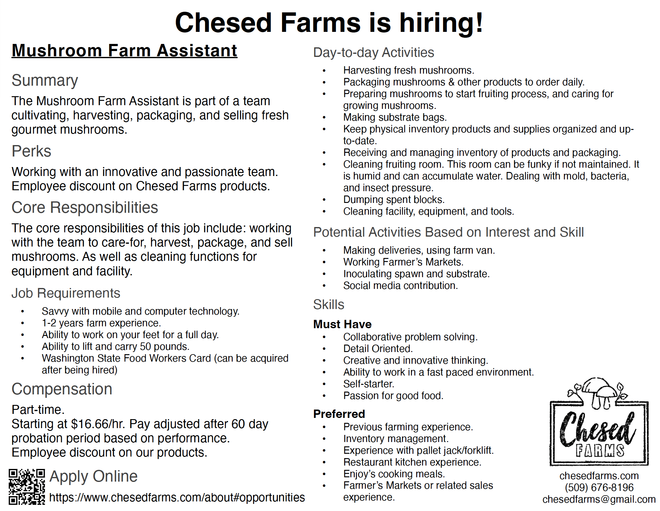 Chesed Farms hiring flyer for Mushroom Farm Assistant, listing responsibilities, skills, and requirements, with the farms logo and contact information.