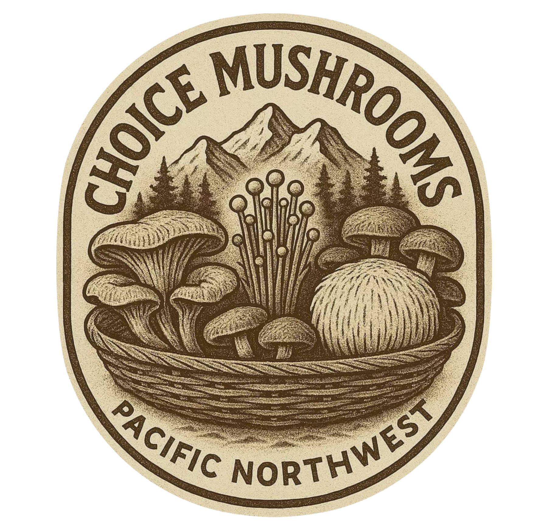 Seal with illustrations of wild mushrooms in a basket, mountains, trees, and lab mushrooms. Text reads "Choiice Mushrooms" and "Pacific Northwest."