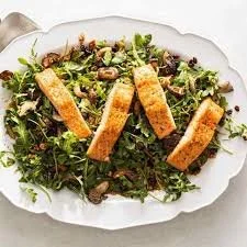 Sheet pan salmon with mushroom arugula salad