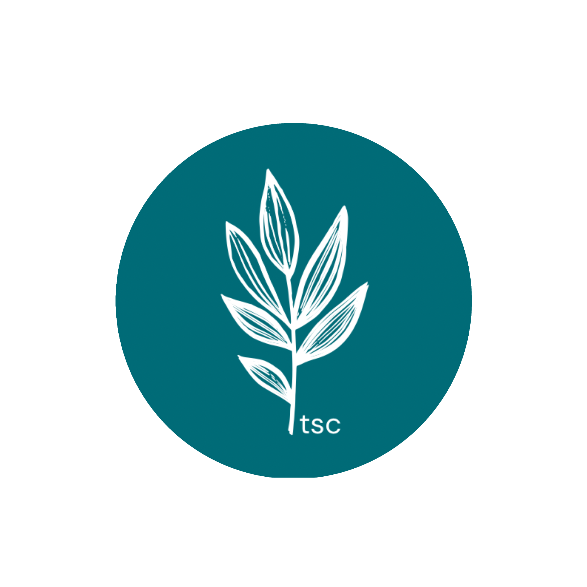 Logo for TSC with a white stylized leaf on a teal circular background.