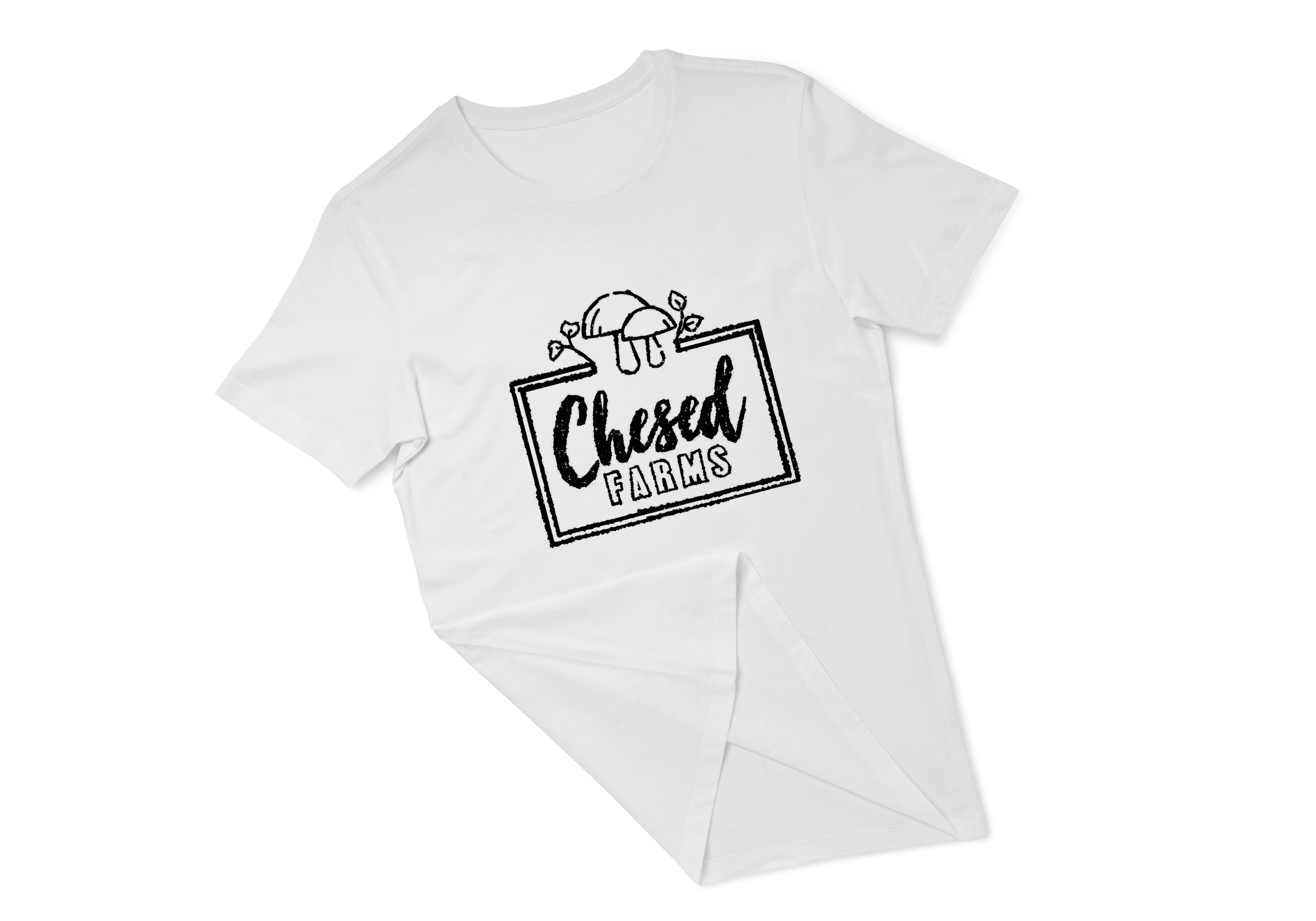 White T-shirt with a graphic of mushrooms and the text "Chesed Farms" on a black background.