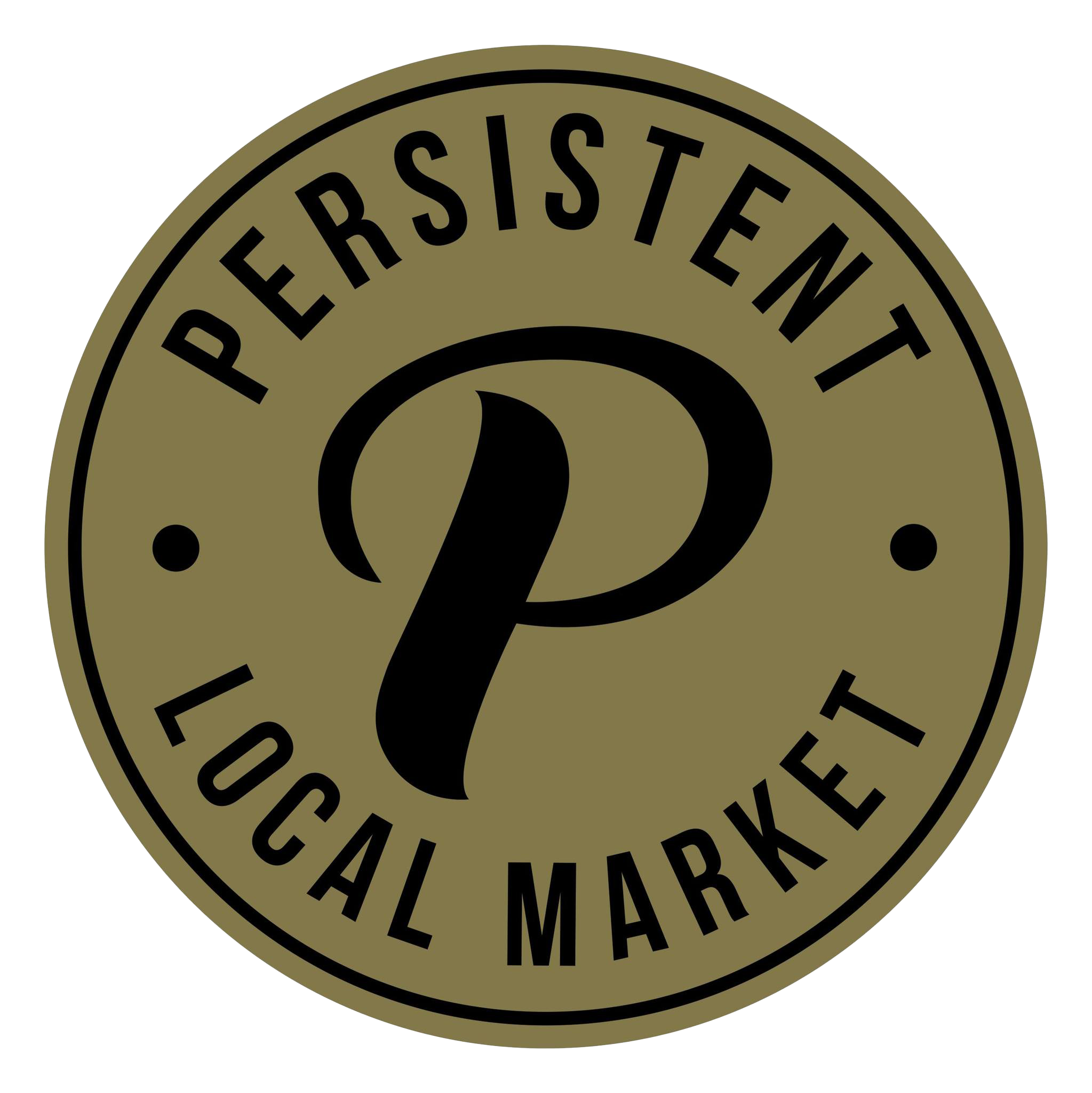 Circular logo with a gold background featuring a large black letter 'P' in the center, surrounded by the words 'PERSESTENT LOCAL MARKET' in black, uppercase letters.