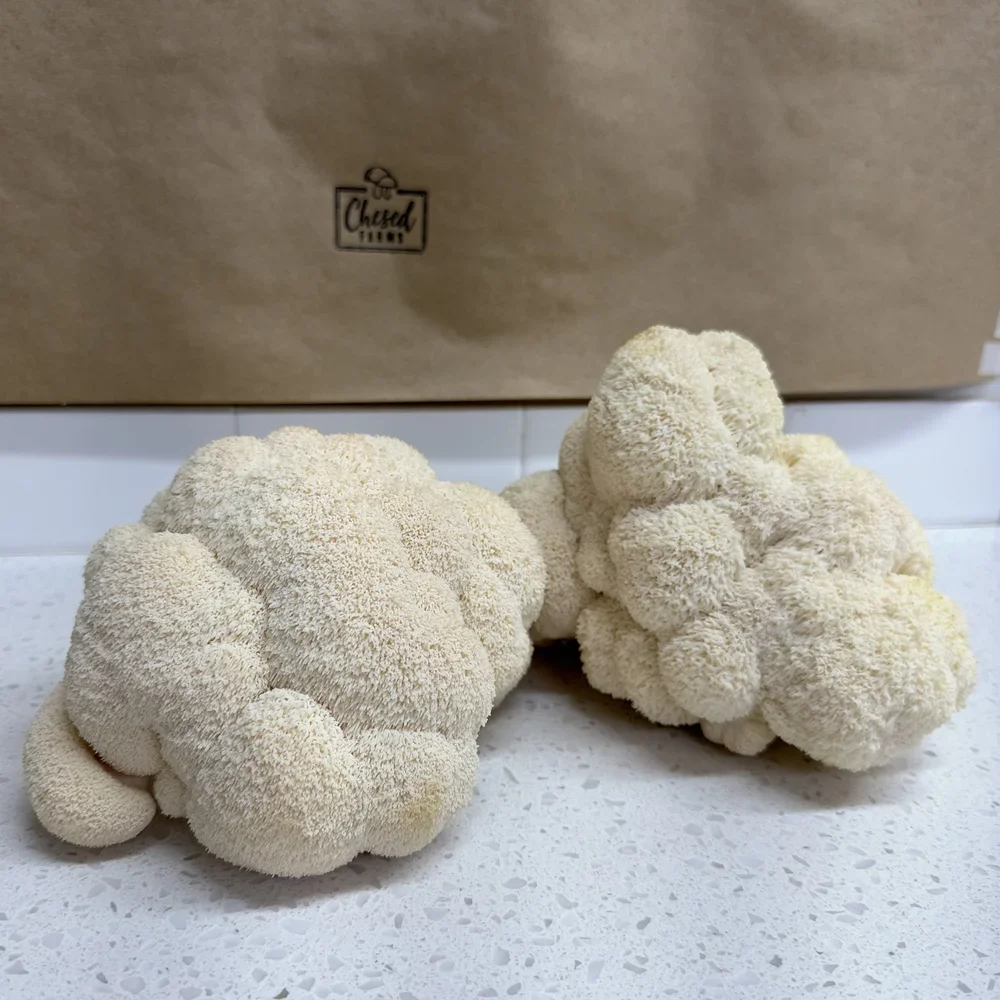 Two pieces of fresh cauliflower on a white surface with a cardboard box in the background.