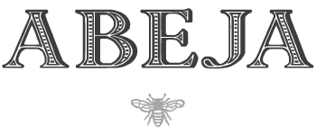 Text 'ABEJA' with a small bee icon underneath, all in black on a white background.