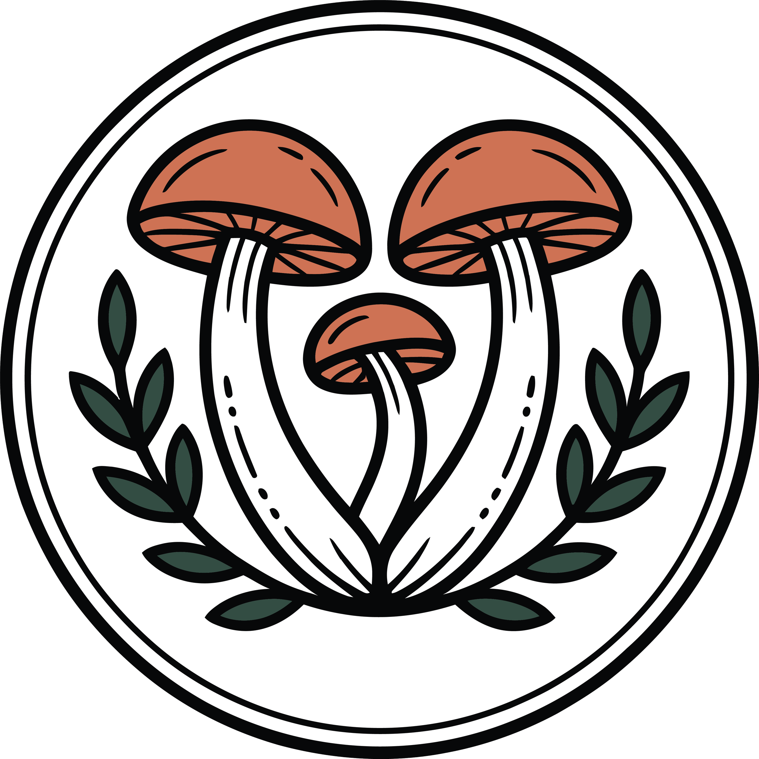 Stylized illustration of three mushrooms with brown caps and white stems, surrounded by green leaves and encased in a circular border.