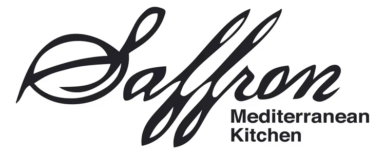 Logo for Saffron Mediterranean Kitchen, featuring the word 'Saffron' in cursive and 'Mediterranean Kitchen' in smaller text.