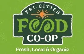 Logo of Tri-Cities Food Co-op with green and white colors, featuring a sun illustration and the tagline 'Fresh, Local & Organic'.