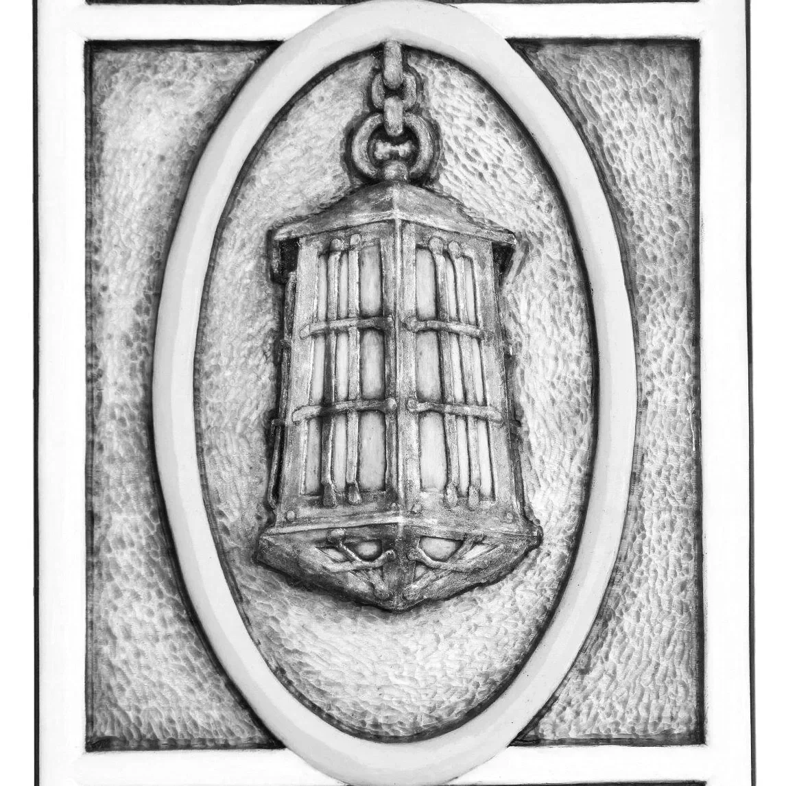 A black and white relief of a vintage lantern encased in an oval frame, mounted on a textured background.