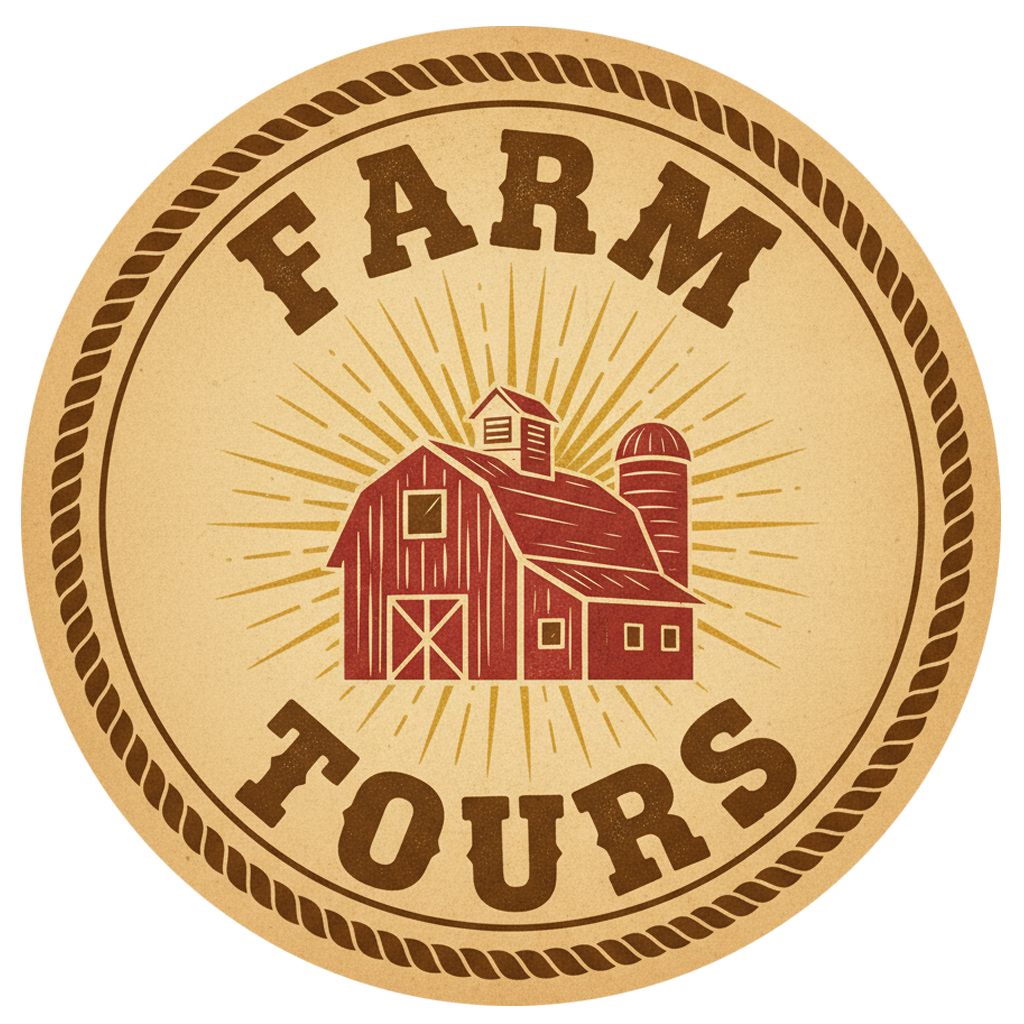 Logo with a farm scene and the words 'FARM TOURS', featuring a barn, silo, and sun rays in a vintage style.