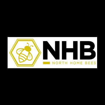 Logo for North Home Bees with a yellow bee inside a hexagon and the words 'NHB North Home Bees' with a bee icon.