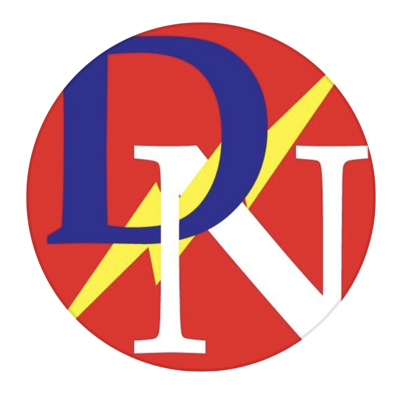 A circular logo with a red background, featuring large overlapping blue and white letters, and a yellow lightning bolt behind them.