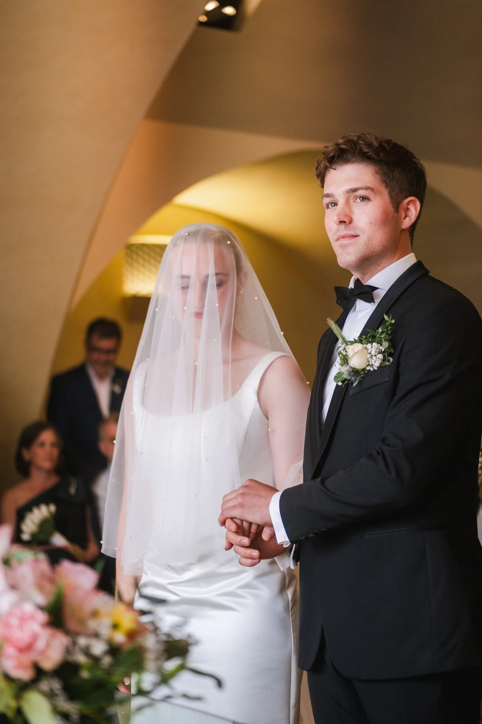 Wedding ceremony at Old Town Hall in Prague during an intimate destination wedding.