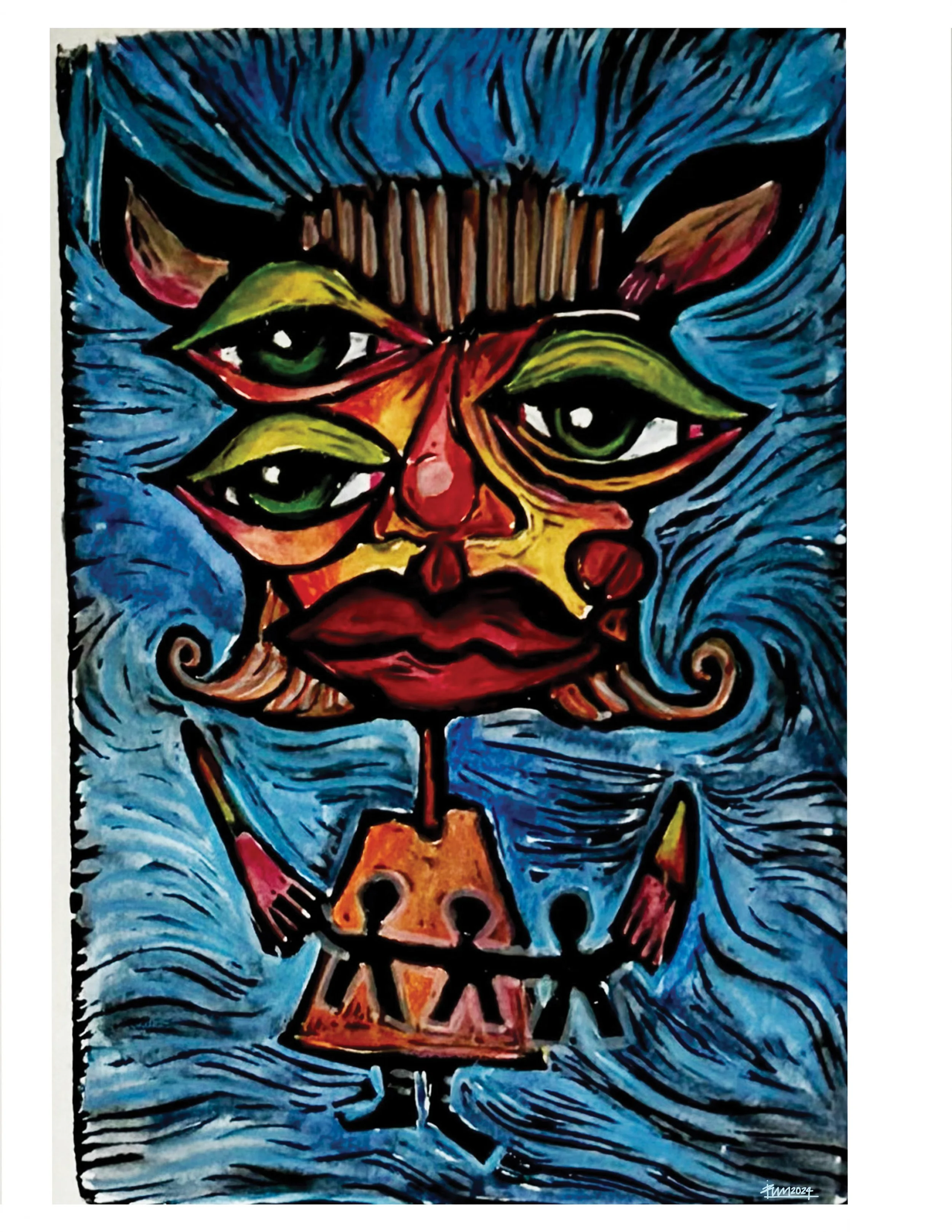 Con la misma tijera.Linocut and colored pencil on paper 9 × 11.5 in, framed Edition 1/10