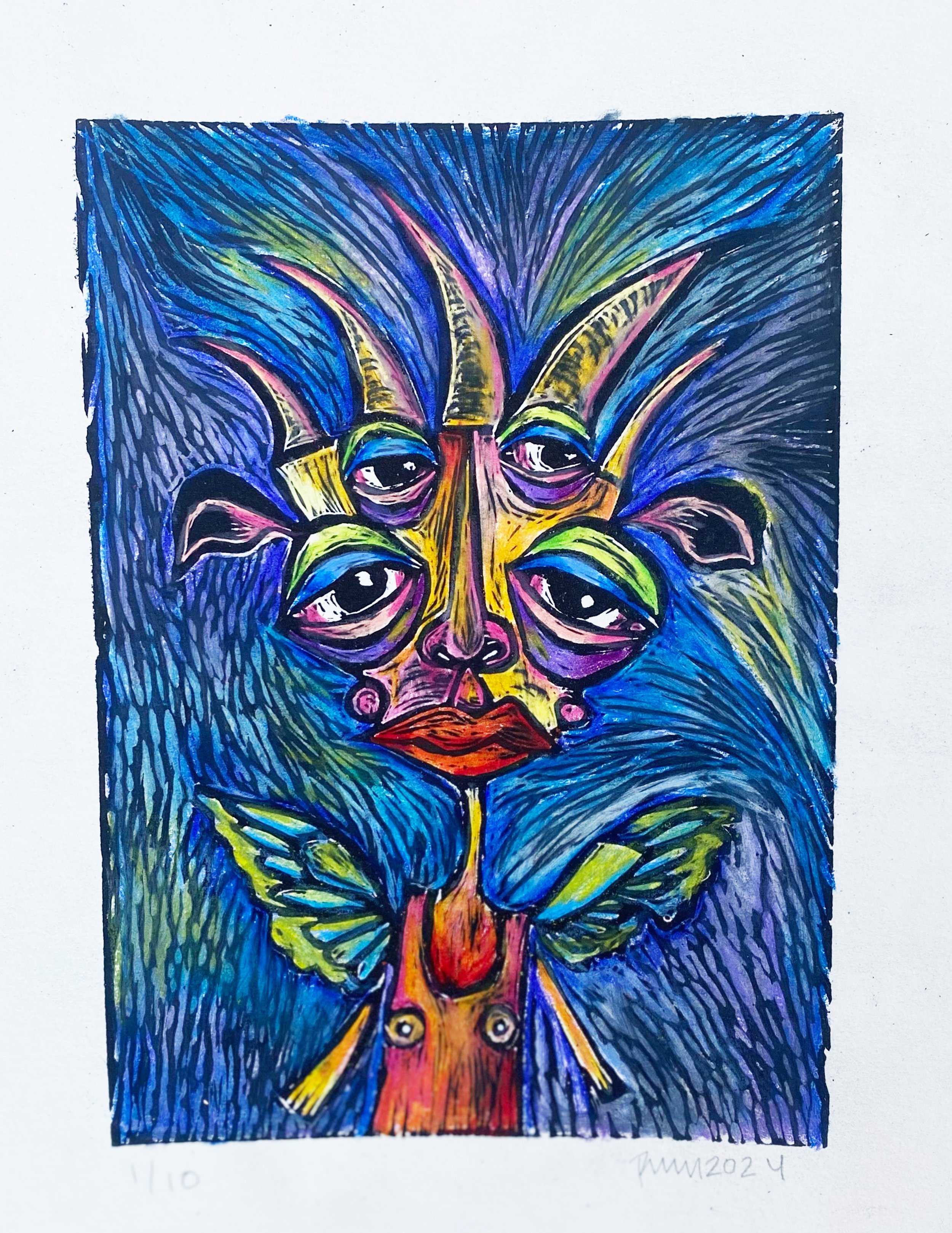 When Innocence Fade. Linocut and colored pencil on paper 9 × 11.5 in, framed Edition 1/10
