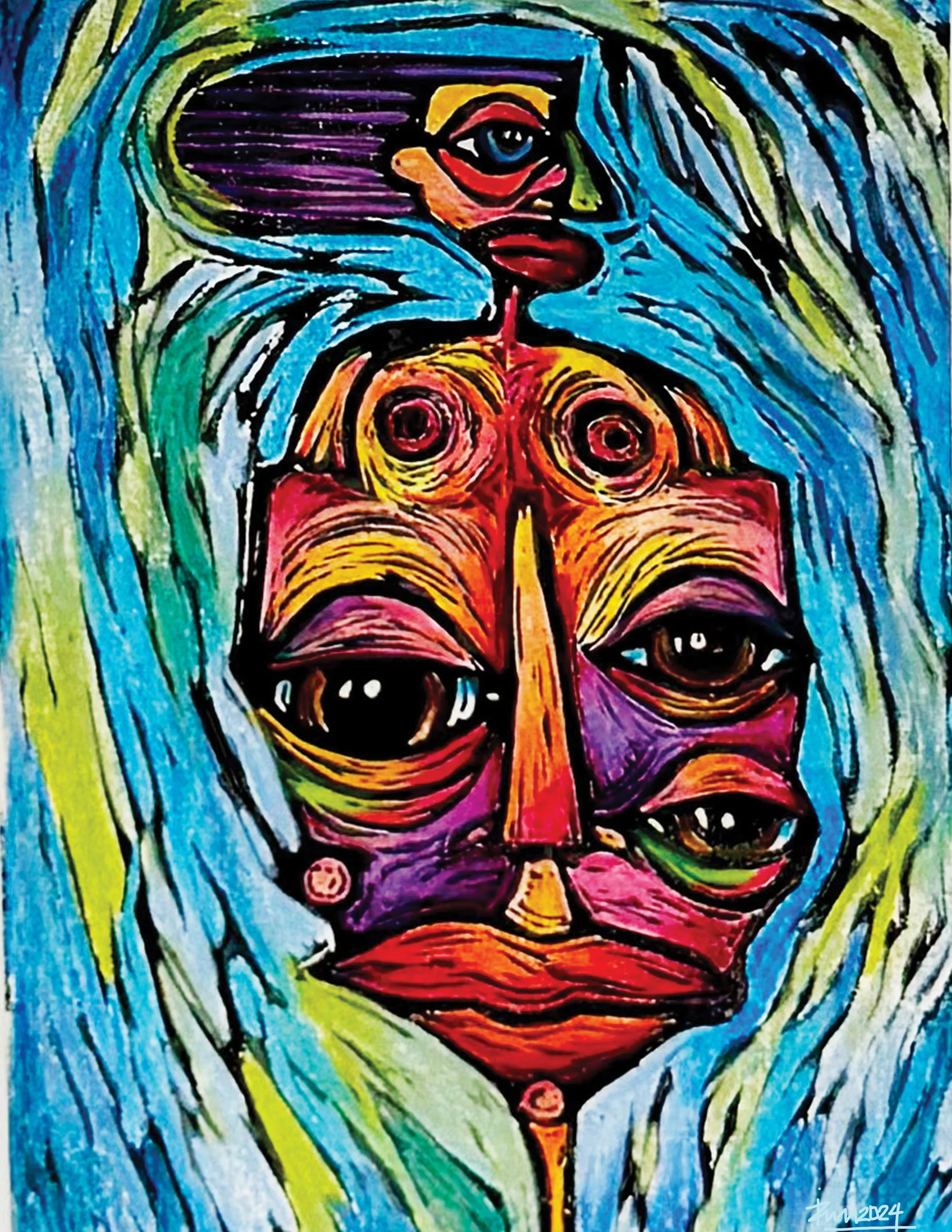 Linocut and colored pencil on paper 9 × 11.5 in, framed Edition 1/10