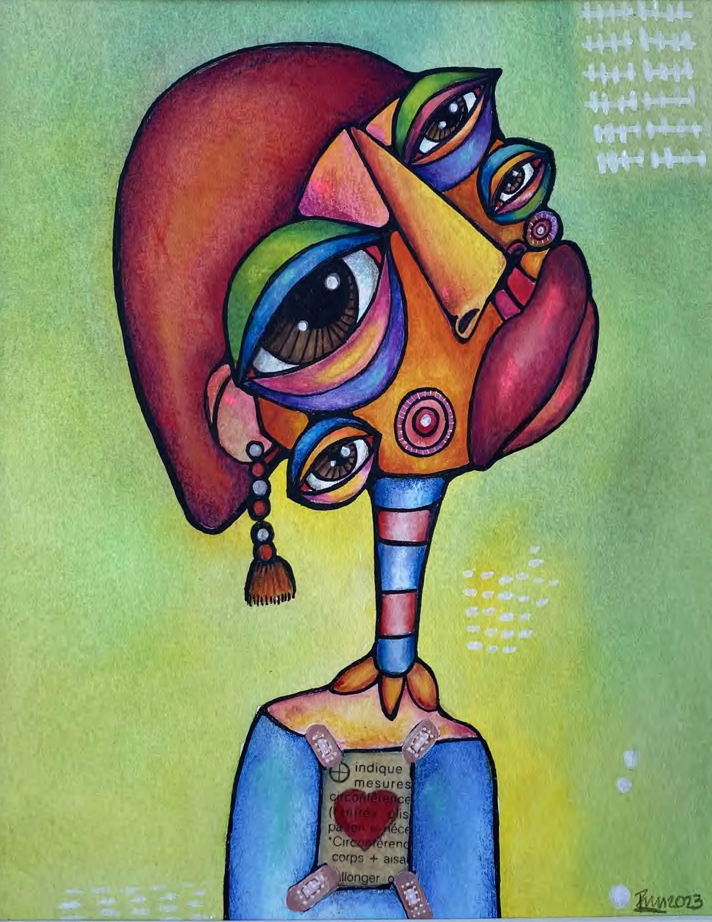 Corazon roto. Watercolor , black ink and colored pencil. 12x15 in