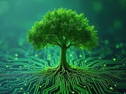 A tree with green leaves growing from a circuit board, symbolizing technology and nature integration, utilizing AI.