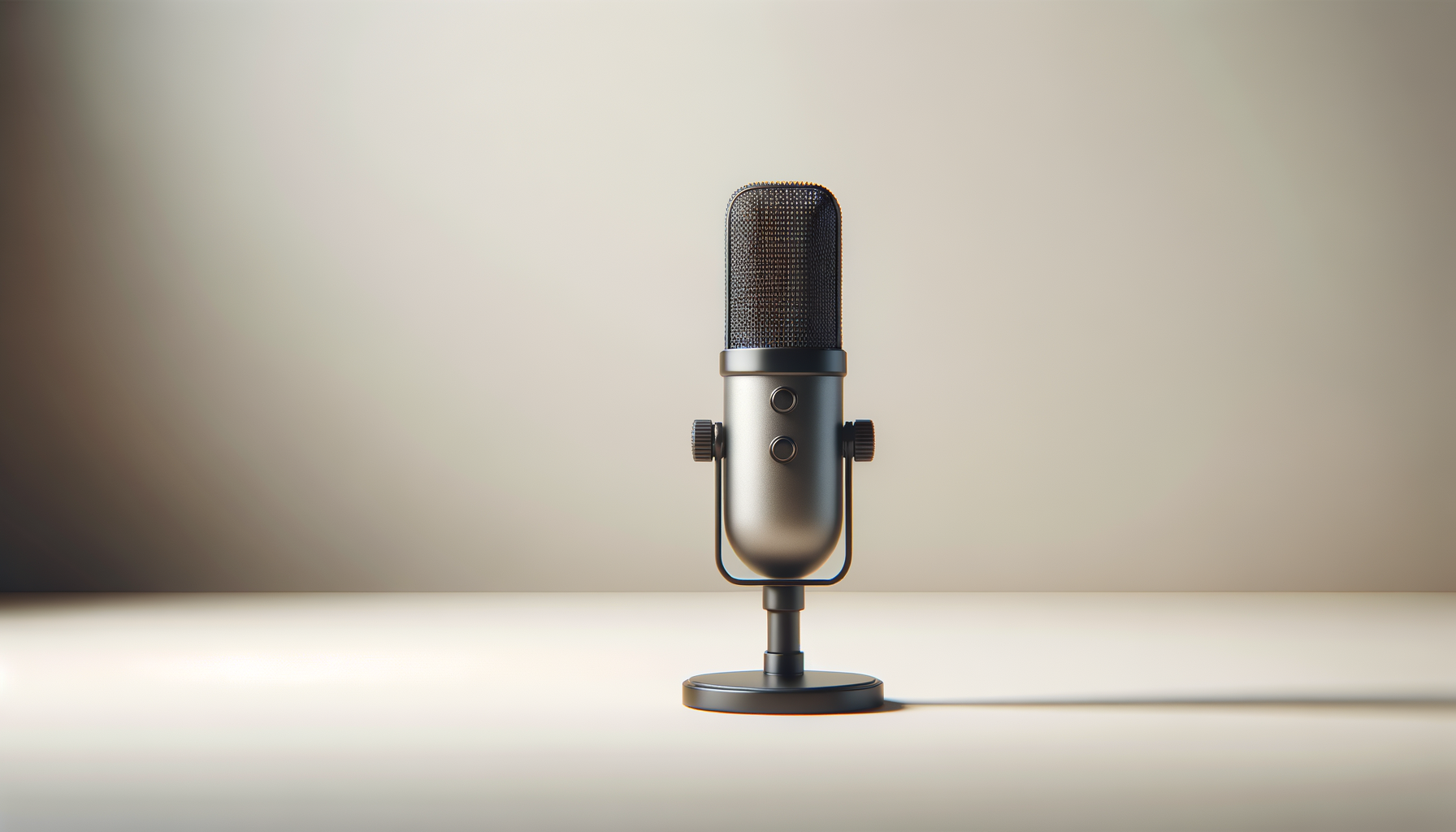 A silver vintage-style microphone on a stand against a plain light background.