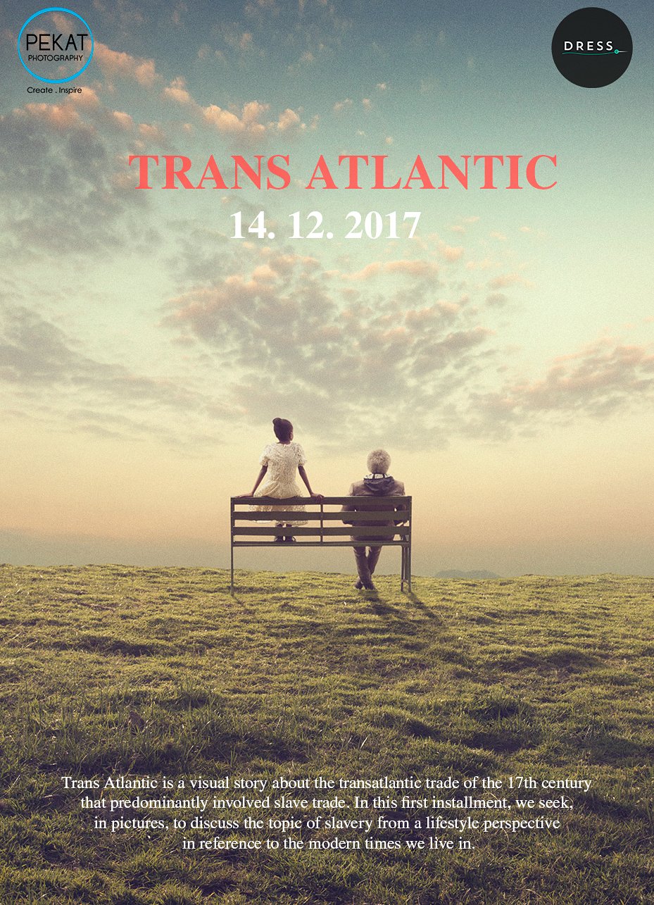 A promotional poster with a scenic background of a grassy field under a cloudy sky, featuring two people sitting on a bench facing away from the camera, looking at the sky. The poster includes text about an event called Trans Atlantic happening on December 14, 2017, and discusses the transatlantic slave trade from a lifestyle perspective.