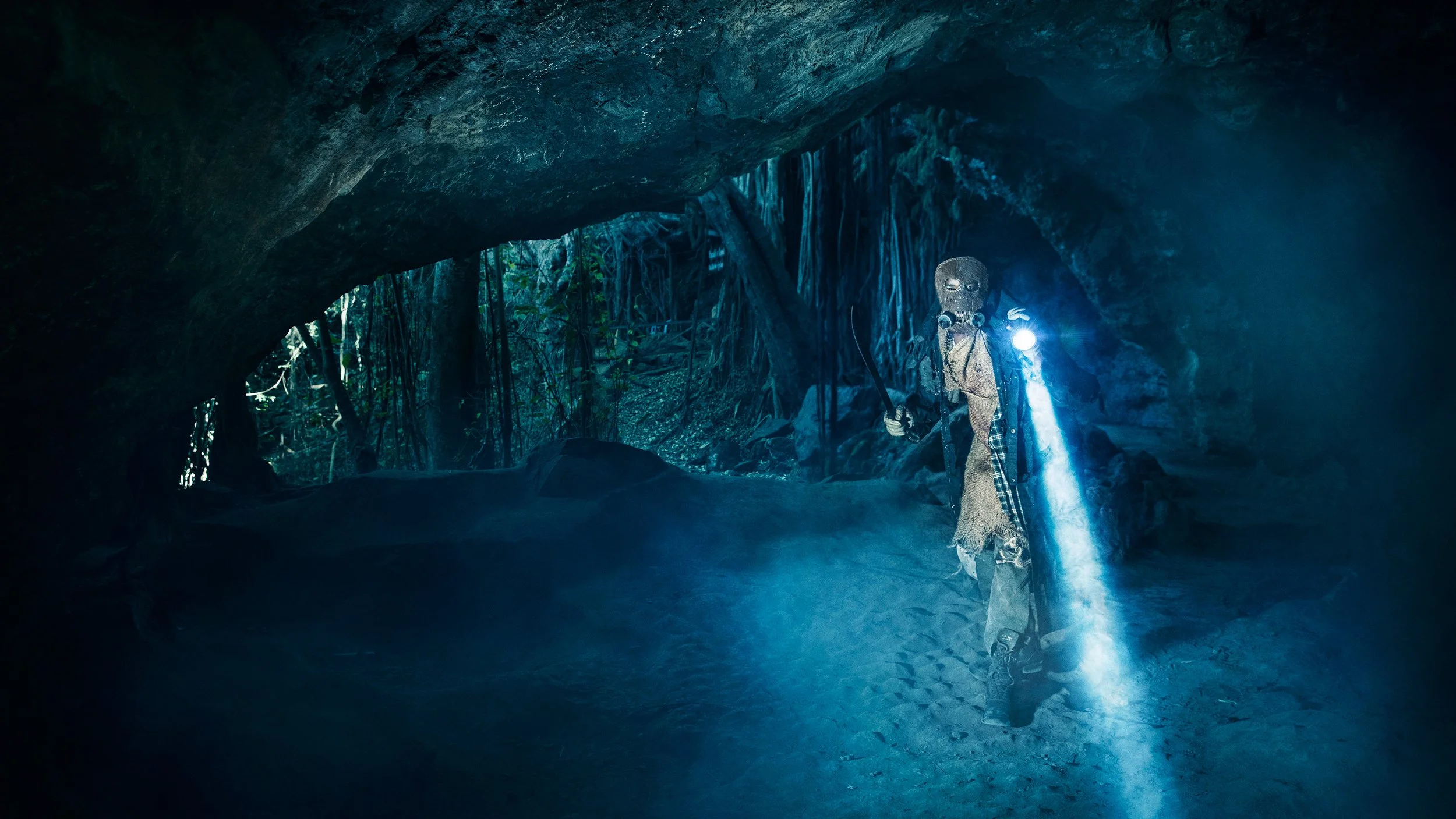 A person in a cave holding a flashlight and binoculars, with stalactites hanging from the ceiling and dense foliage in the background.