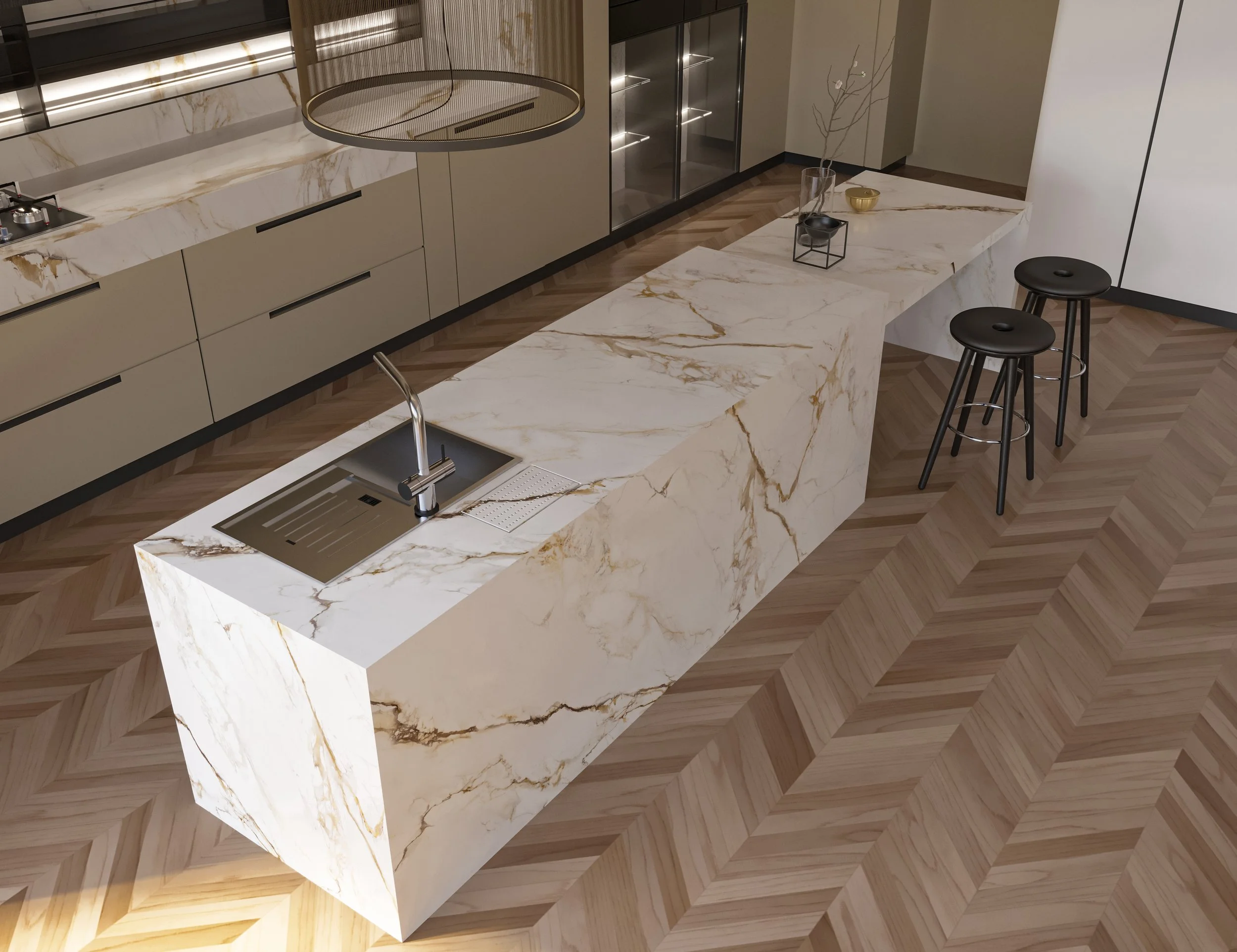 Smooth stone worktop running the length of the kitchen with cabinets and oven beneath