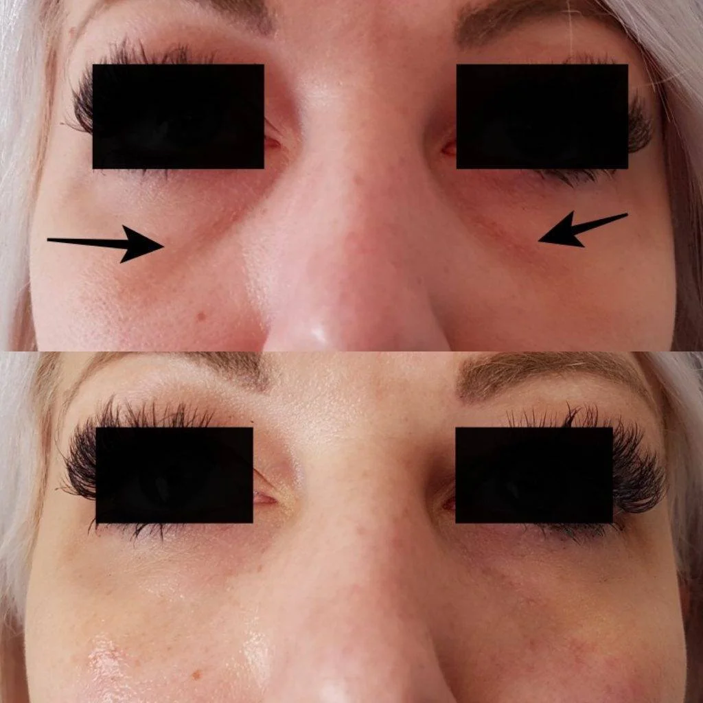 Close-up photo showing a woman's face with before and after eyelash extension treatments. The top half shows natural, shorter eyelashes, while the bottom half features longer, fuller eyelashes.