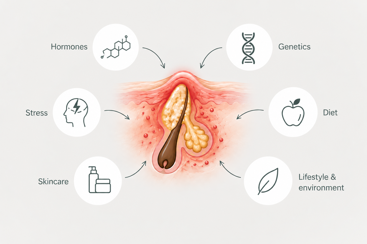 Diagram of skin pore with labels indicating factors affecting skin health, including hormones, genetics, stress, skincare, diet, and lifestyle & environment.