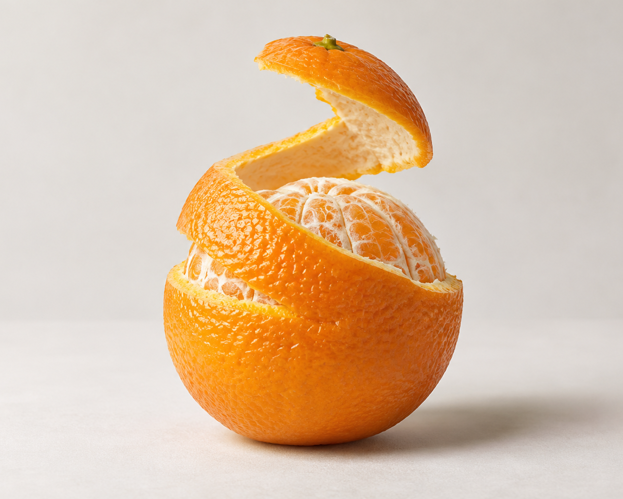 A peeled orange with a segment removed and a peel floating above, revealing the peeled fruit inside.