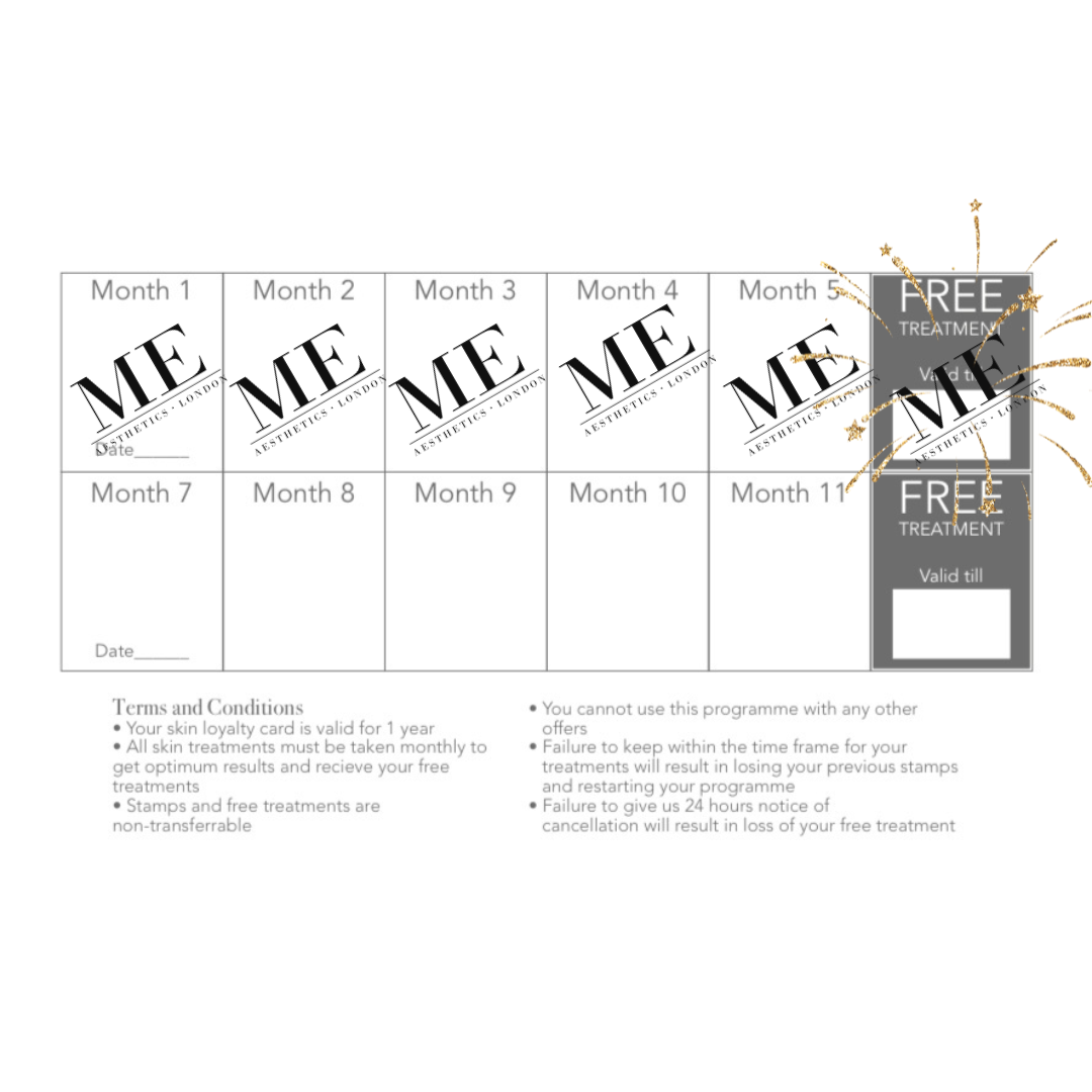 Skin treatment loyalty card with a 12-month calendar, offering free treatments after certain sessions, with terms and conditions at the bottom and promotional offers highlighted prominently.