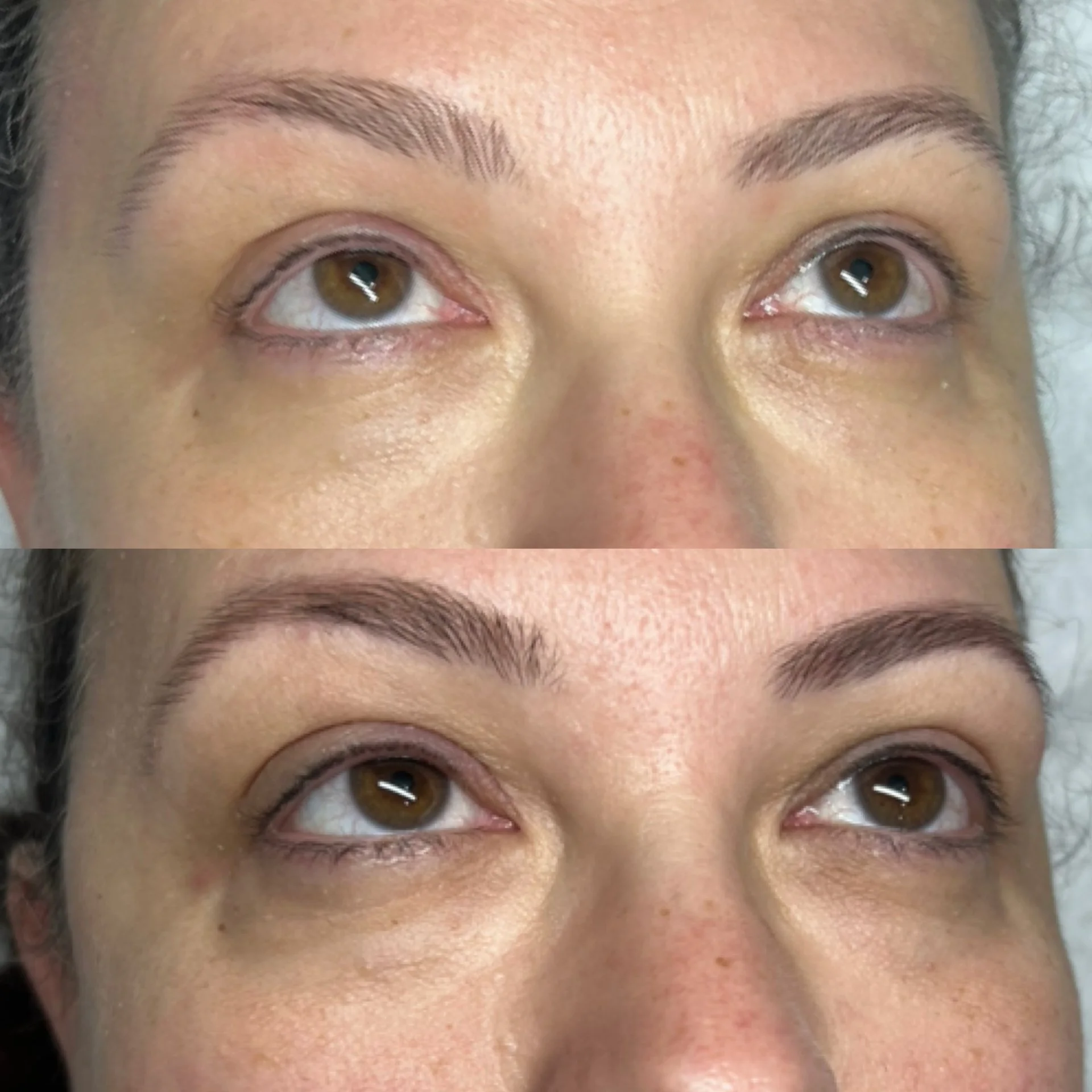Close-up of a person's face showing hazel eyes, groomed eyebrows, and skin with natural texture.