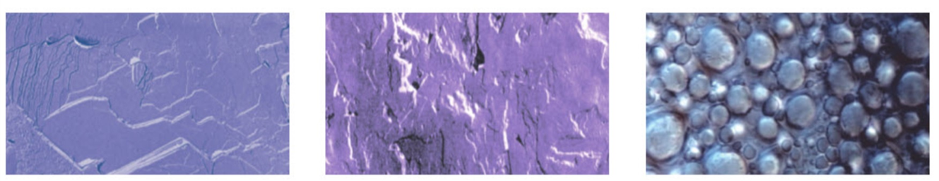 Three close-up images of different textures and surfaces, with the first two appearing to be crystalline or mineral structures and the third showing a bubbly, frosted surface.