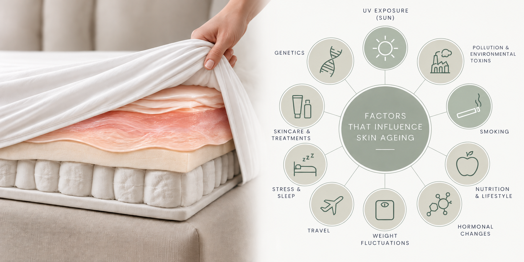 A diagram showing factors that influence skin aging, including UV exposure, pollution, smoking, nutrition, hormonal changes, weight fluctuations, travel, stress, and skincare treatments, with an image of a hand lifting a bed sheet revealing mattresses and a person in bed.