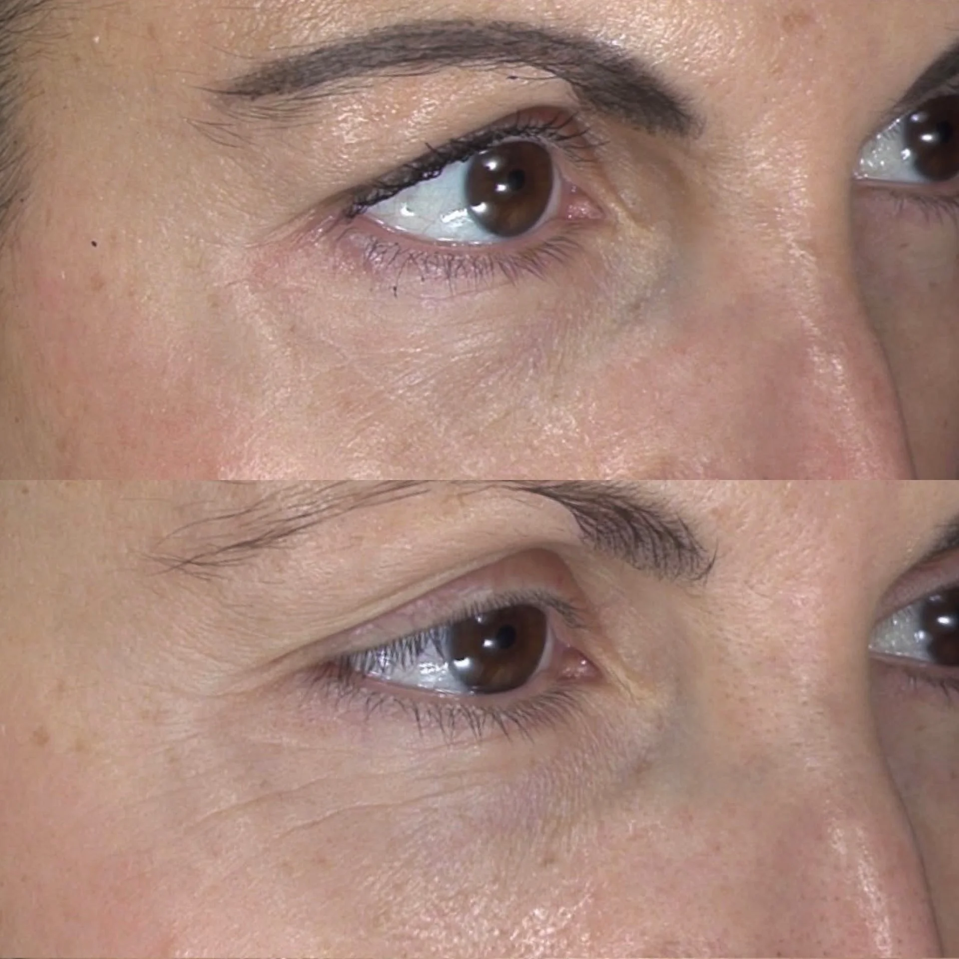 Close-up of a person's eye with makeup, showing brown iris, eyelashes, eyebrow, and skin texture.