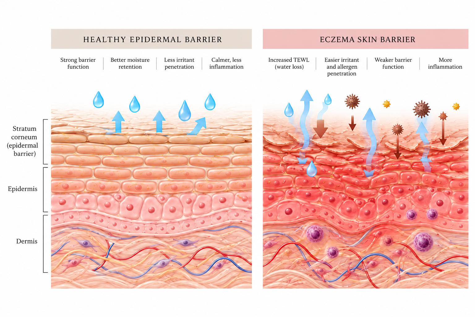 Comparison of healthy epidermal barrier and eczema skin barrier showing differences in water retention, inflammation, and pathogen response with illustrations of skin layers and small microorganisms.