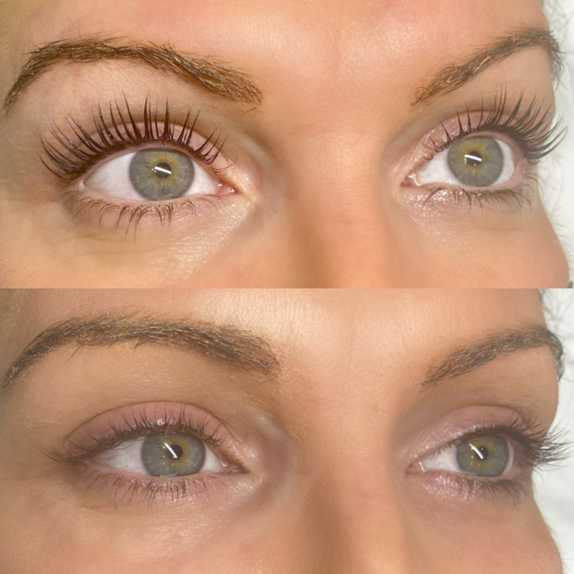 Close-up of a person's face focusing on the eyes, which are open and have long eyelashes. The person has well-groomed eyebrows and smooth skin.