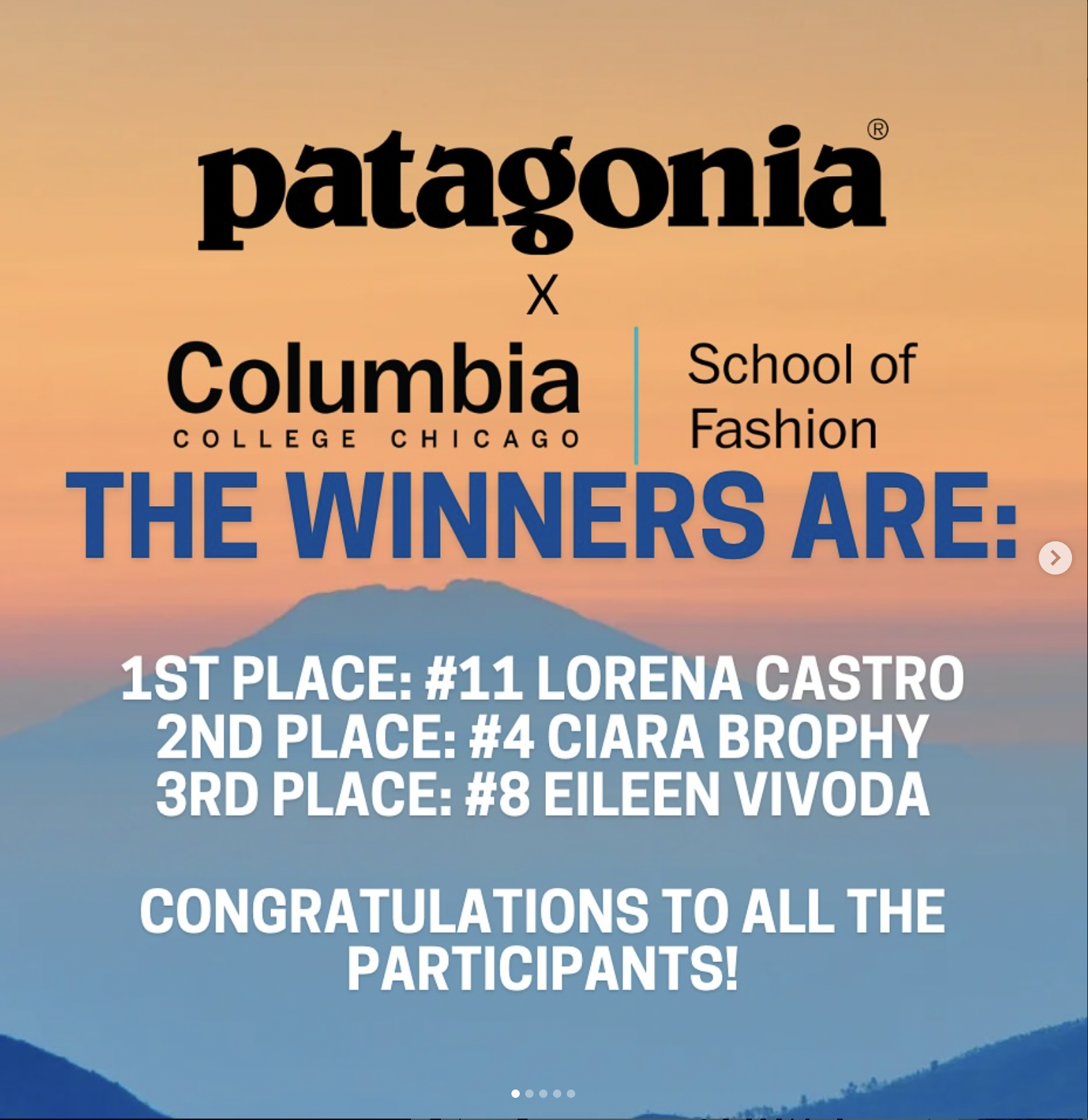 Celebratory graphic with mountain background, displaying results of a fashion design competition. First place: Lorena Castro, second: Ciara Brophy, third: Eileen Vivoda, with text congratulating all participants.