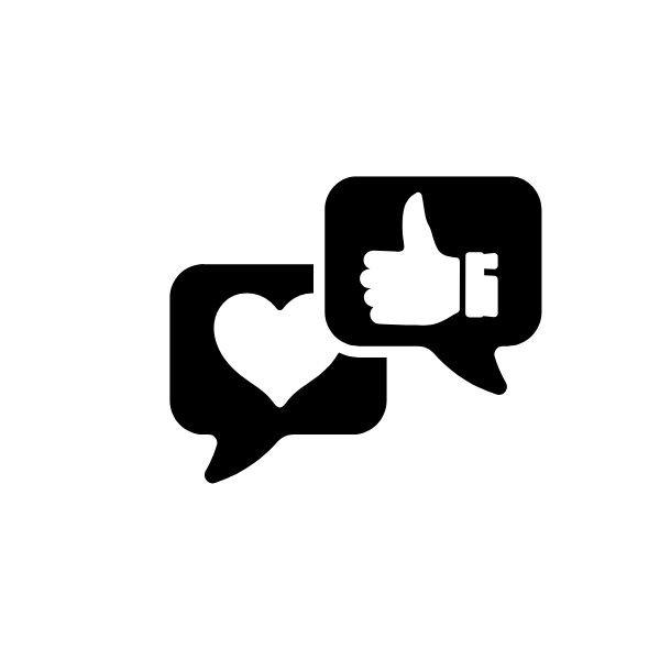 Icons of a heart, a thumbs up, and a Facebook like symbol inside speech bubbles.