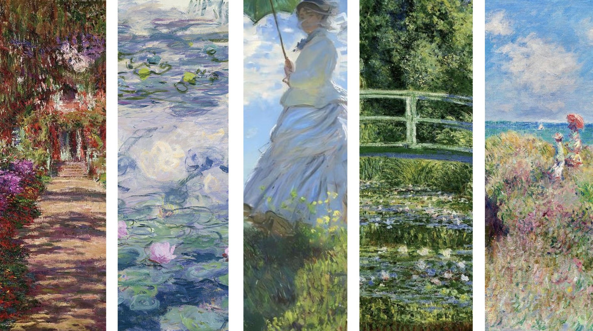 Five impressionist paintings: a garden pathway surrounded by red flowers, a pond with lily pads, a woman in a white dress with an umbrella, a green wooden bridge over water, and a colorful landscape with two women.
