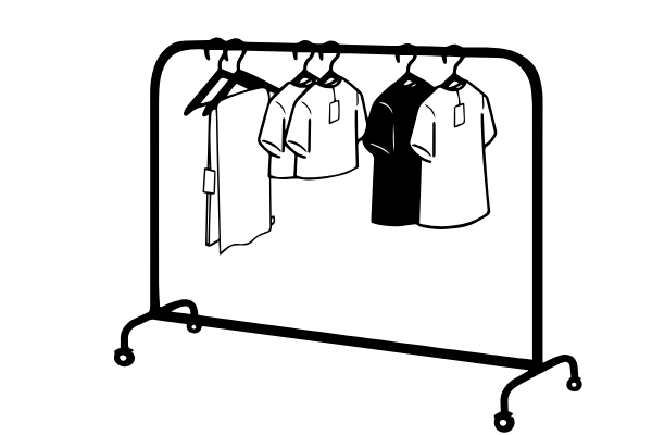 Clothing rack with shirts and dresses hanging.