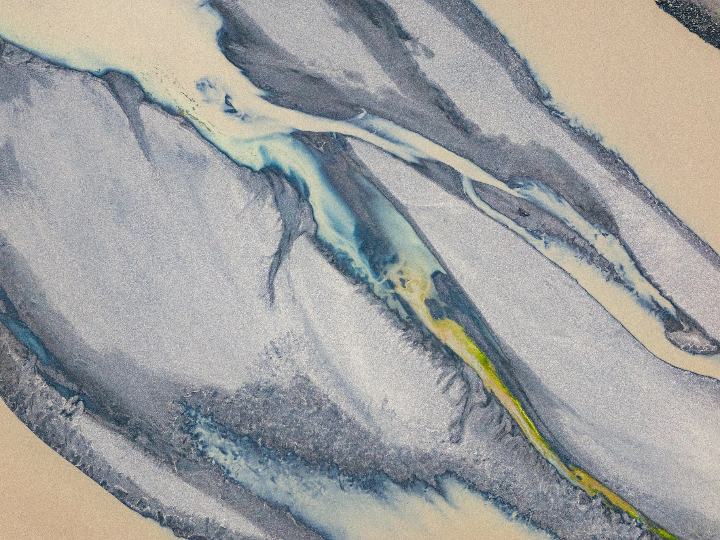 Abstract painting with flowing patterns of blue, gray, white, and yellow hues.