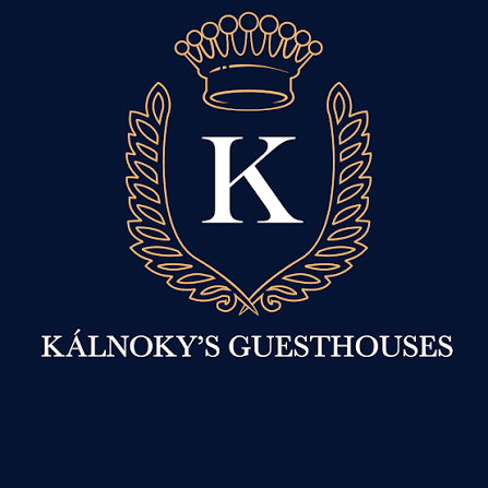 Logo for Kálnoky's Guesthouses featuring a large letter K surrounded by laurel leaves and a crown on top, with the name below in white text on a dark background.