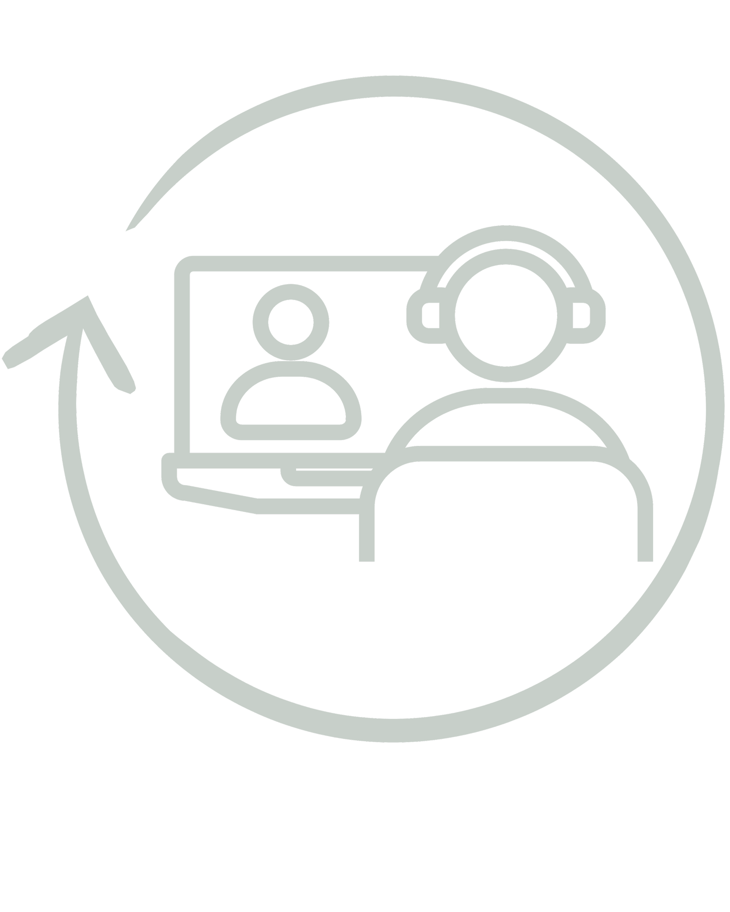 Icon of a virtual meeting with two participants, one on a computer screen and the other in front of it, with an arrow encircling the scene depicting a reoccurring meeting.